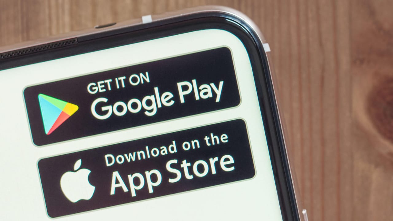 Buttons for downloading apps on Google Play and Apple’s App Store
